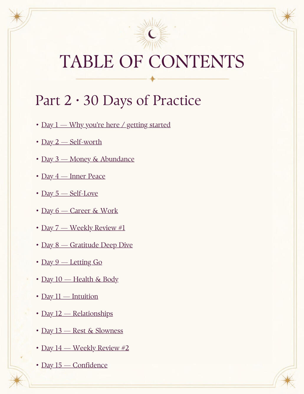 Days 1–15: self-worth, money, peace, love, career.